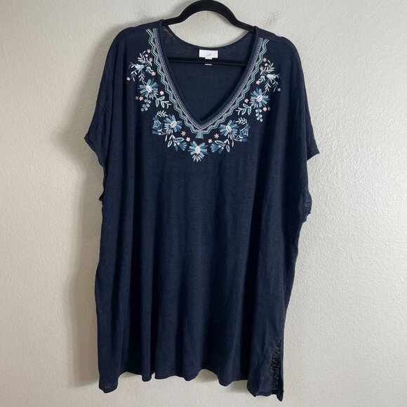 J Jill Womens Plus 4X Navy Blue 100% Linen Embroidered Floral Tunic Top V Neck - Picture 7 of 11